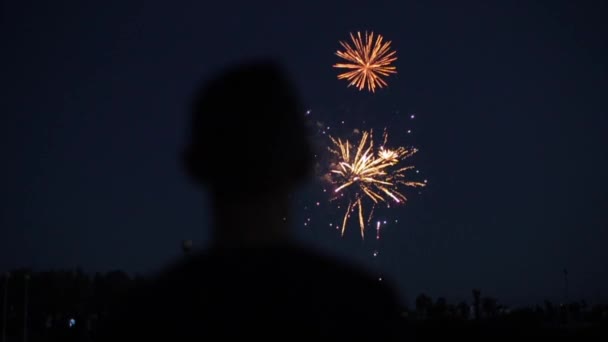 Silueta borrosa de primer plano de un hombre disfrutando de fuegos artificiales por la noche — Vídeos de Stock