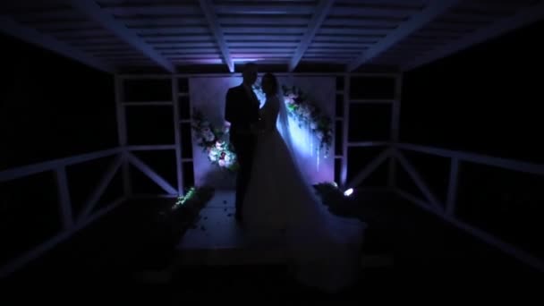 Bobruisk, Belarus - 08 augustus 2019: Silhouetten van bruidegom en bruid die 's nachts buiten knuffelen. Bruidsboog en verlichting op de achtergrond — Stockvideo