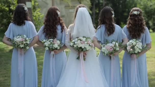 Rear view of bride and four bridesmaids standing and holding bouquets behind their backs — Stock Video