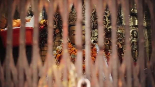 A close-up of a big Buddha statue in a temple in Nepal, Kathmandu through blurred rusty grating, fence. — Stock Video
