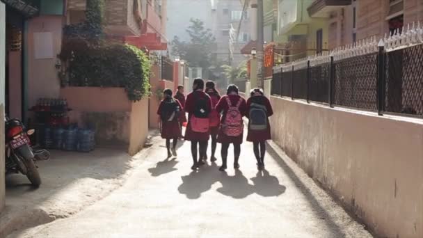 Kathmandu, Nepál - 14. listopadu 2019: Skupina nepalských dívek ve školní uniformě chodí po ulici. Nepál Káthmándú. Zpomal. Zadní pohled. — Stock video