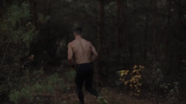 Молодой парень с обнаженным торсом завершает пробежку в лесу. Медленное движение — стоковое видео