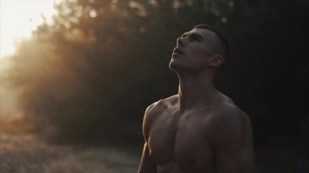 Muskulös stilig man med naken torso står i skogen och andas djupt. gryning, solnedgång, soluppgång. Långsamma rörelser. — Stockvideo