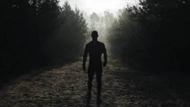 Çıplak Gövdesi Olan Kaslı Yakışıklı Adam 'ın Ormanda Yürüyüşü. Sabah erkenden. Gün doğumu