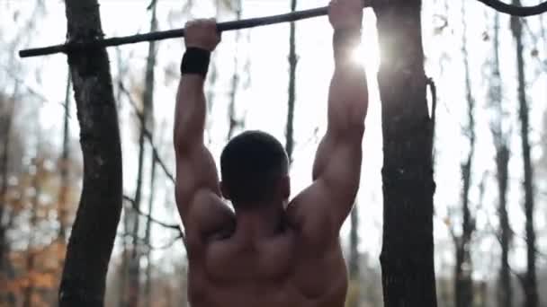 벗은 몸통을 가진 근육질의 남자는 실외의 수평봉을 사용하여 인쇄기로 운동을 한다. — 비디오