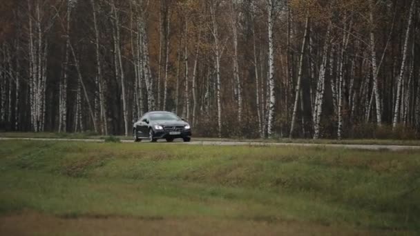 ミンスク、ベラルーシ- 11月2019:車は森の背景に速く乗る — ストック動画