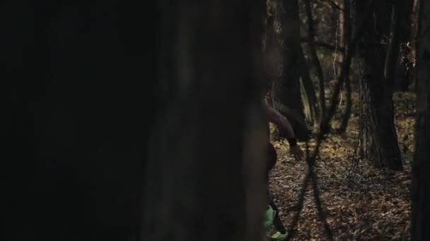 De jonge gespierde loper rent het bos in. Rennend tussen de bomen. — Stockvideo