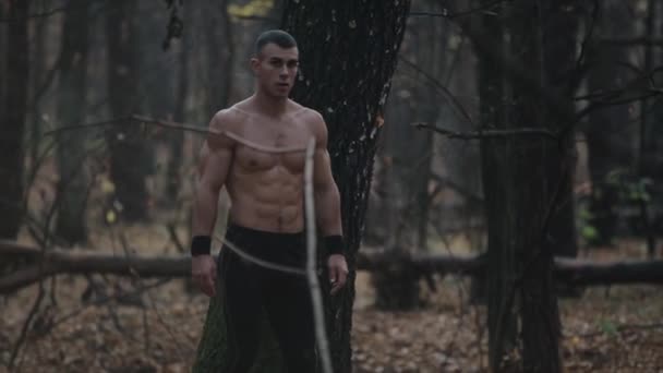 Fast running muscular man with naked torso. young caucasian runner in forest. view between trees — Stock Video