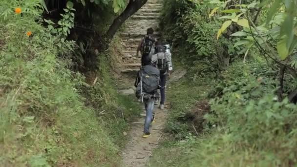Kaukasische Touristen mit Rucksäcken wandern in einem nepalesischen Dorf. Wald, steiniger Pfad. — Stockvideo