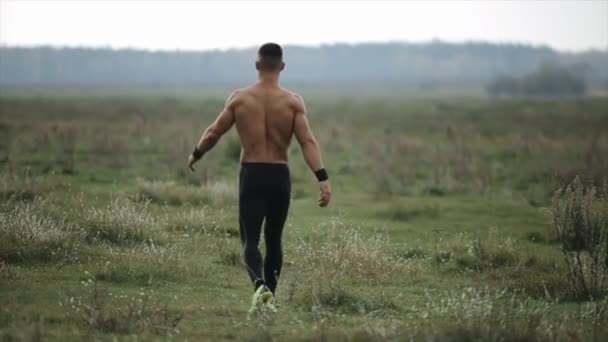 Мускулистый мужчина с обнаженным туловищем в бегущих брюках ходит по полю — стоковое видео