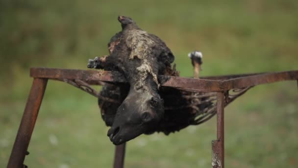 村の中庭で開かれた火災の上に全体のロースト子羊。石炭の火で全体の子羊の屋外を焼く. — ストック動画