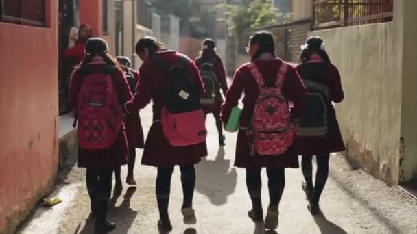 Katmandu, Nepal - 14 november 2019: En grupp nepalesiska flickor i skoluniform som går på gatan. Nepal Katmandu. Sakta i backarna. Bakifrån. — Stockvideo