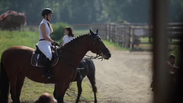 Minsk, Bělorusko - 19. července 2019: Žokej v bílé uniformě elegantně sedí v sedle na koni s krásně spletenou hřívou. Detailní záběr. Boční pohled — Stock video