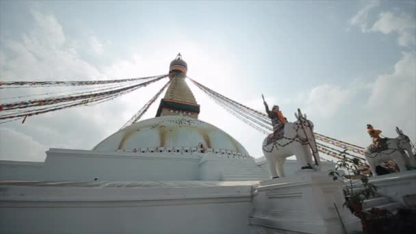 Un temple népalais blanc avec des statues d'éléphants, des figures. Les oiseaux volent. Népal Katmandou. Vue rapprochée . — Video