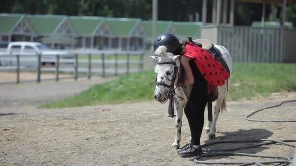 Минск, Беларусь - 19 июля 2019 года: Маленькая девочка обнимает шею своего пони на фоне проходящих мимо людей и зданий на лошадином ранчо — стоковое видео