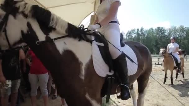 Minsk, Vitryssland - 19 juli 2019: En ung kvinnlig jockey rider en häst genom en grupp åskådare vid ingången till inomhusarenan på en hästgård. Närbild — Stockvideo