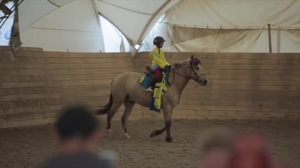 Minszk, Fehéroroszország - 2019. július 19.: Egy kis aranyos lány lovagol egy díjlovagló versenyen egy lófarm fedett karámjában — Stock videók