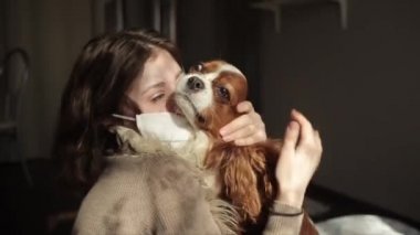 Koruyucu maskeli güzel bir genç kız evde karantinada otururken köpeğine sarılıp okşar. Coronavirüs. COVID-19