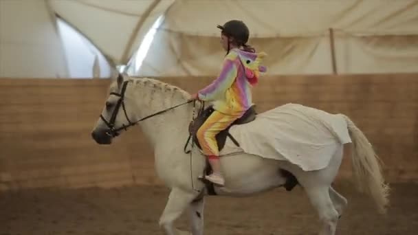 Minsk, Biélorussie - 19 juillet 2019 : Une petite fille mignonne en selle lors d'une balade à cheval blanche sur l'arène intérieure d'un ranch équestre. Gros plan — Video