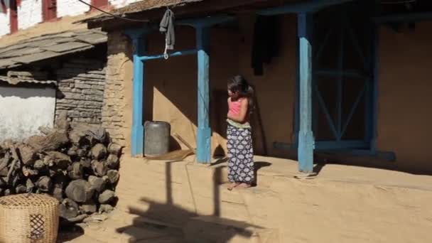 Pokhara, Nepal - 18 November 2019: A cute little girl walking in a nepalese yard. Nepal, village, household. Morning. — Stock Video