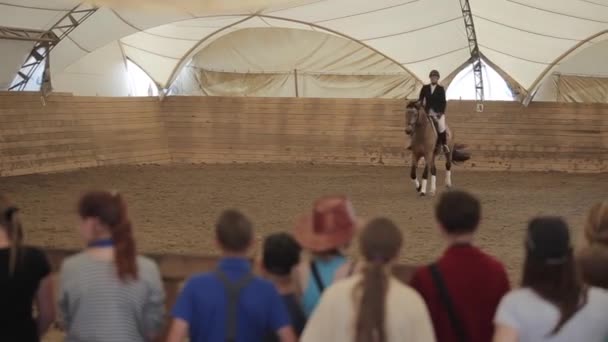 Minsk, Biélorussie - 19 juillet 2019 : Une belle jockey en selle sur un beau cheval sur un dressage dans un enclos fermé sur un ranch équestre — Video