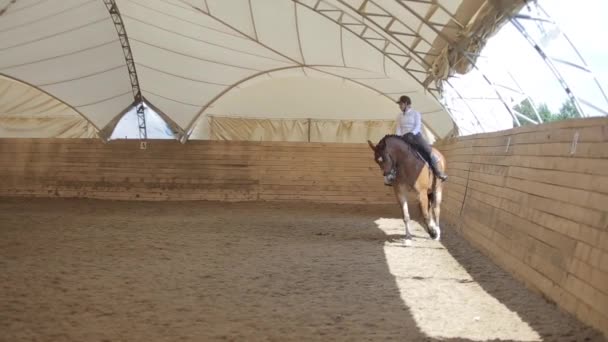 Minsk, Biélorussie - 19 juillet 2019 : Belle adolescente en robe chevauchant une promenade à cheval dans une arène intérieure sur un ranch équestre — Video