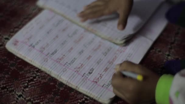 El niño está haciendo la tarea. Primer plano de las manos de un niño que escribe en un cuaderno — Vídeo de stock