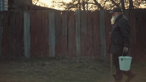 Bobruisk, Bělorusko - 20. dubna 2020: Starý muž s dlouhým bílým vousem kráčí vesnickou ulicí s vědrem vody a opírá se o hůl. Životní styl v ruské vesnici. Boční pohled — Stock video
