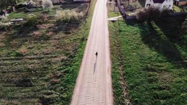 Luchtfoto van een jong meisje dat langs een zandweg loopt langs huisjes en bloeiende tuinen op het platteland. Achteraanzicht — Stockvideo