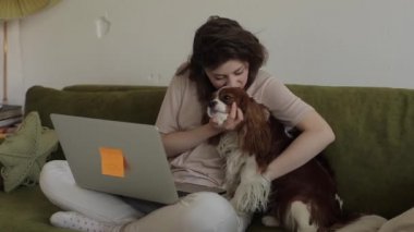 Genç serbest çalışan kız, bir odada kanepede oturmuş küçük bir köpeğe sarılırken dizüstü bilgisayarında biriyle iletişim kuruyor. Yakın plan.
