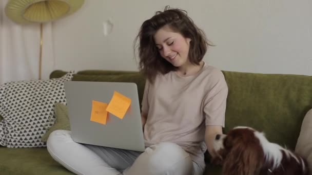 Een jong freelancer meisje werkt thuis op een laptop tijdens Covid-19 quarantaine en zet het opzij om haar geliefde spaniël hond te knuffelen. Close-up — Stockvideo