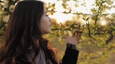 Güzel genç kız, batan güneşin arka planında elma bahçesinde yürürken çiçeklerin kokusundan zevk alır. Yakın plan.