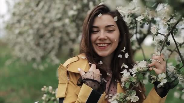 Jovem menina doce alegre com pétalas de flores em seu cabelo em um passeio entre as árvores floridas. Humor de primavera. Close-up. Movimento lento — Vídeo de Stock