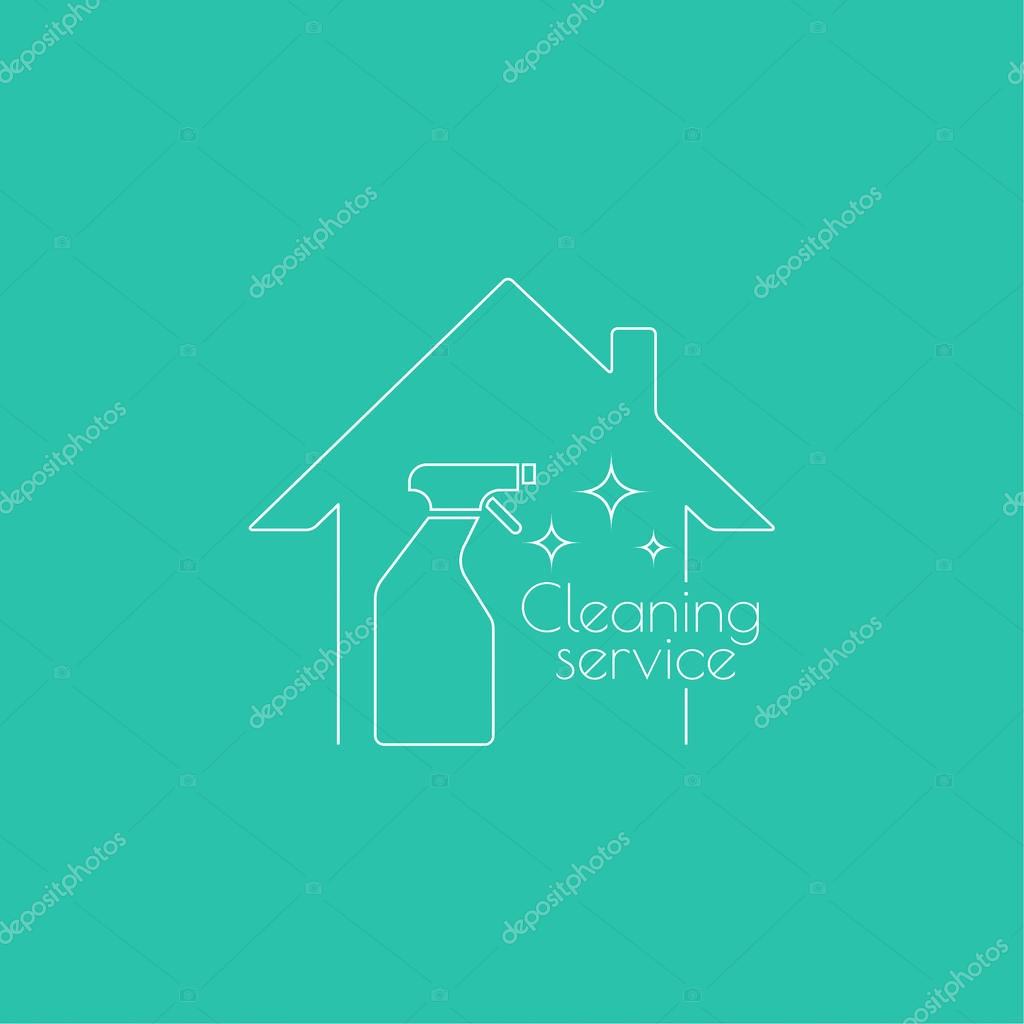 Vector logo with clean house with spray bottle. Icon cleaning services.  Linear icon. Thin line. The concept of home cleaning and cleanliness.