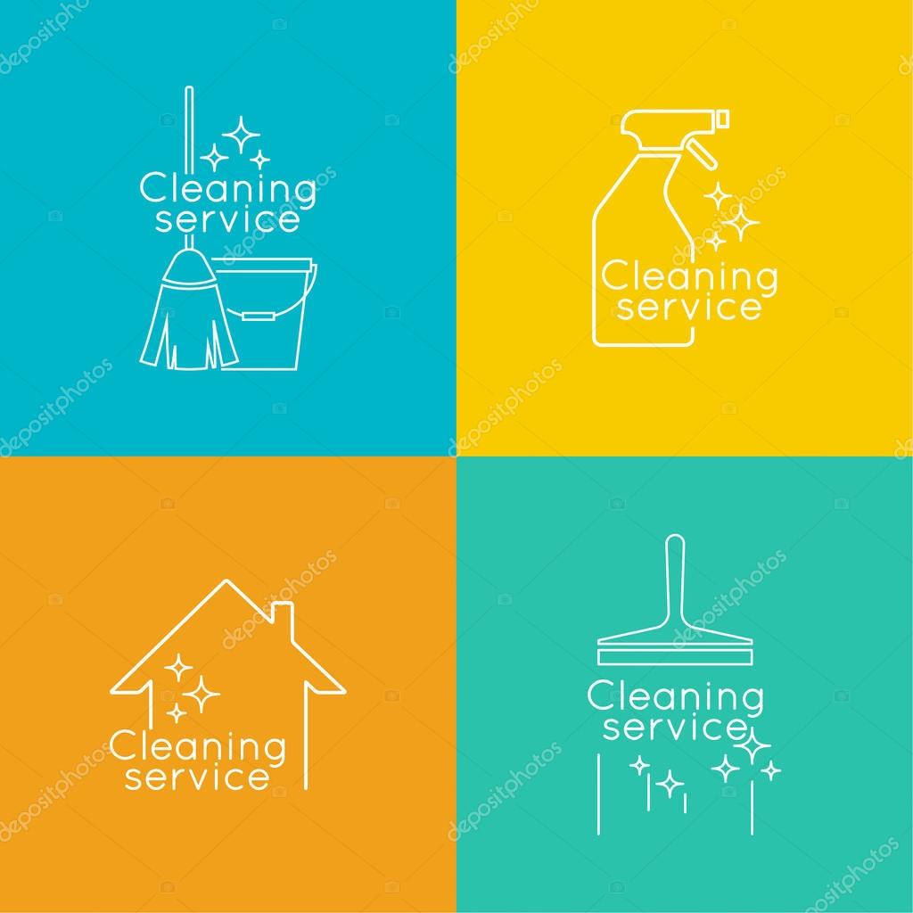 Set Logo cleaning service with broom and bucket plunge, spray bottle, scraper for washing windows. Linear icon. Thin line. The concept of home cleaning and cleanliness. cleaning service.