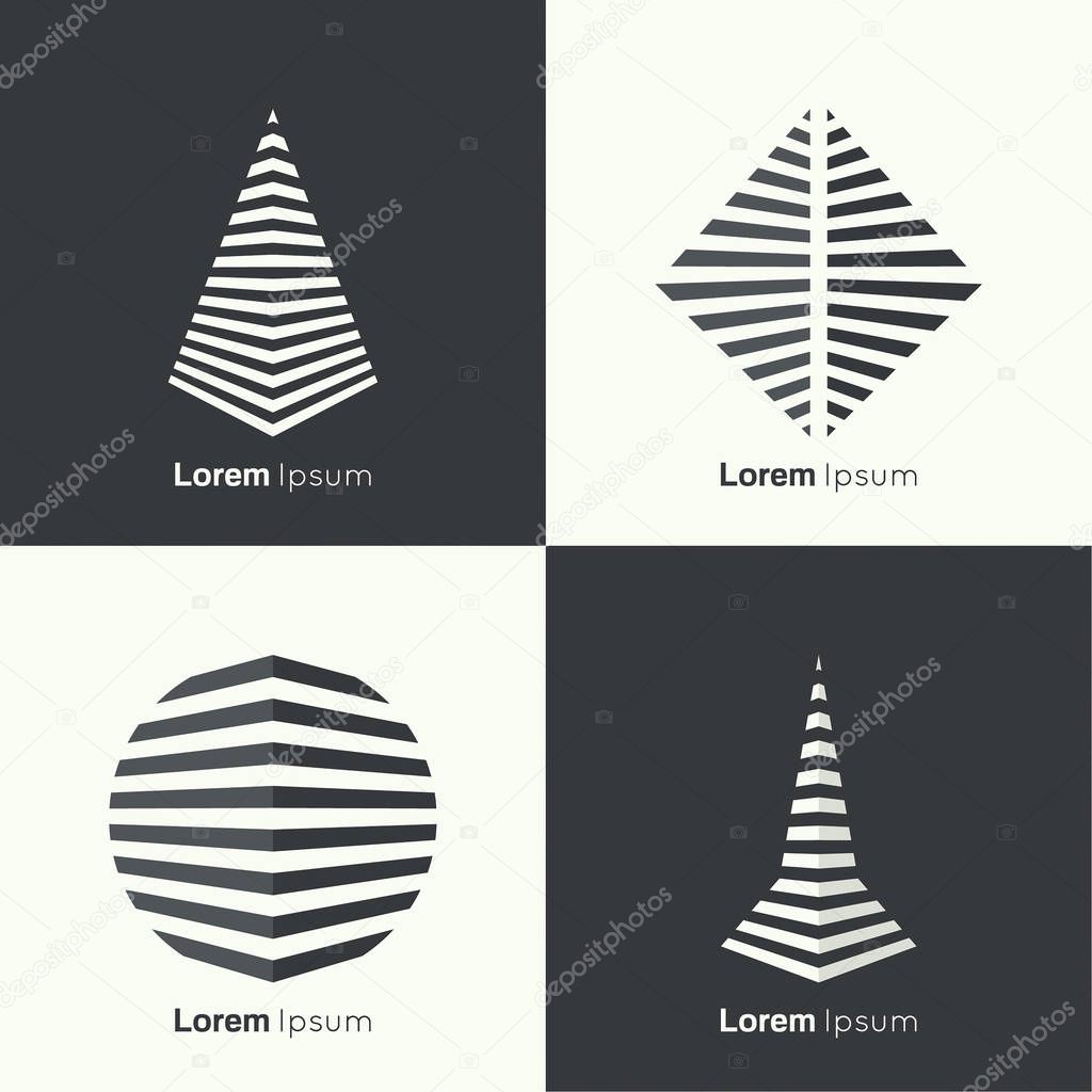 Vector set of abstract geometric shapes of the strips. 3d logo. pyramid, rhombus, ball, square