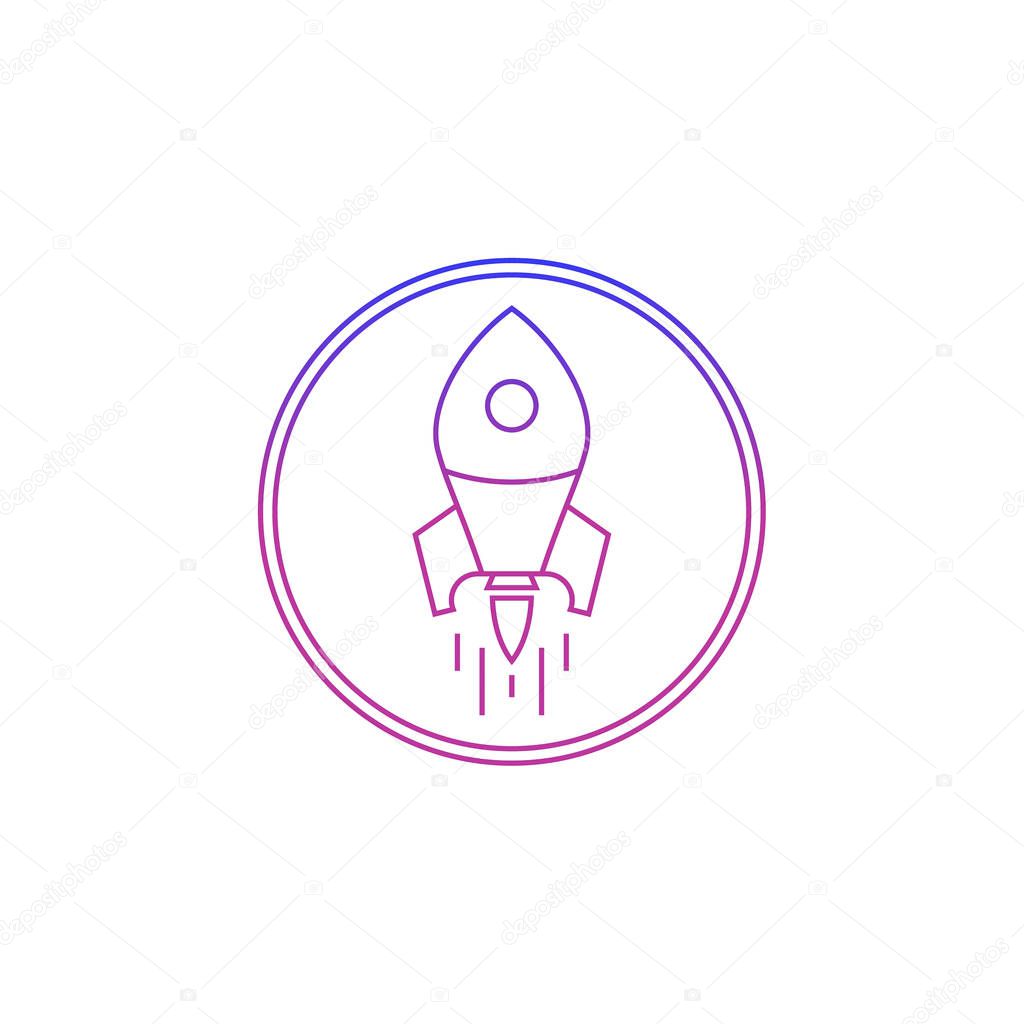 Vector icon of flying spaceship. Rocket ship logo taking off on a white background.