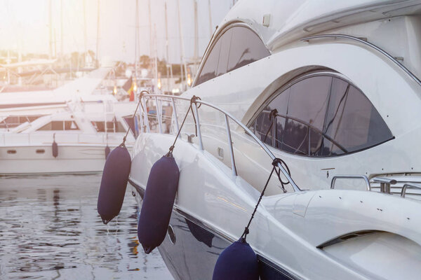 Modern yachts moored close up outdoor