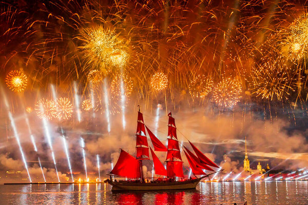 SAINT PETERSBURG, RUSSIA - JUNE 24, 2018: Holiday for school graduates Scarlet Sails show during the White Nights Festival