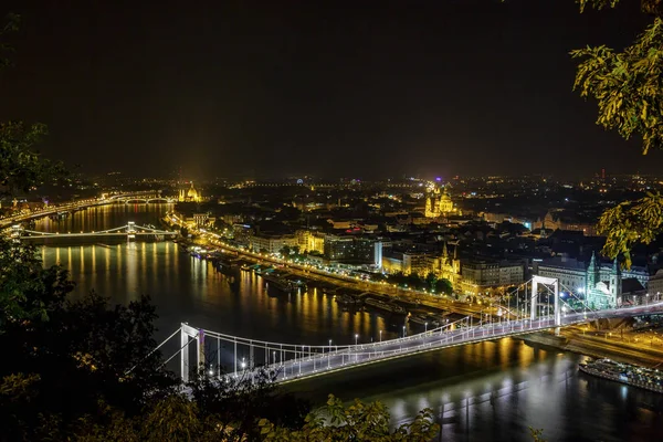 Die Nächtliche Szene Der Budapester Brücke Und Der Donau — Stockfoto