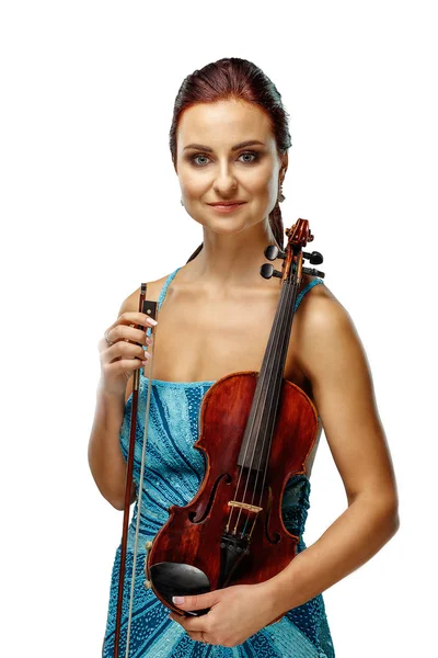 Retrato Uma Jovem Com Violino Sobre Fundo Branco — Fotografia de Stock
