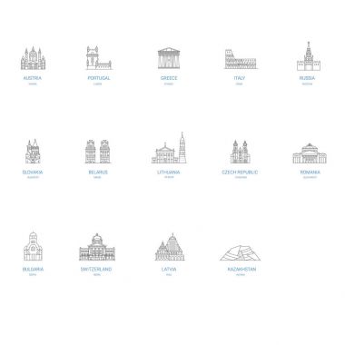 Dünya anıtlar ve Simgesel seyahat ünlü binalar ve hat sanat tasarım turistik yerler. Viyana, Lizbon, Atina da dahil olmak üzere üst başlıkları. Roma, Moskova, Budapeşte, Minsk