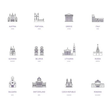 Dünya anıtlar ve Simgesel seyahat ünlü binalar ve hat sanat tasarım turistik yerler. Viyana, Lizbon, Atina da dahil olmak üzere üst başlıkları. Roma, Moskova, Budapeşte, Minsk