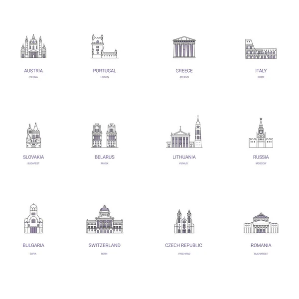 World monuments and landmarks  travel destinations with famous buildings and tourist attractions in line art design.Top capitals including Vienna, Lisbon, Athens. Rome, Moscow, Budapest, Minsk