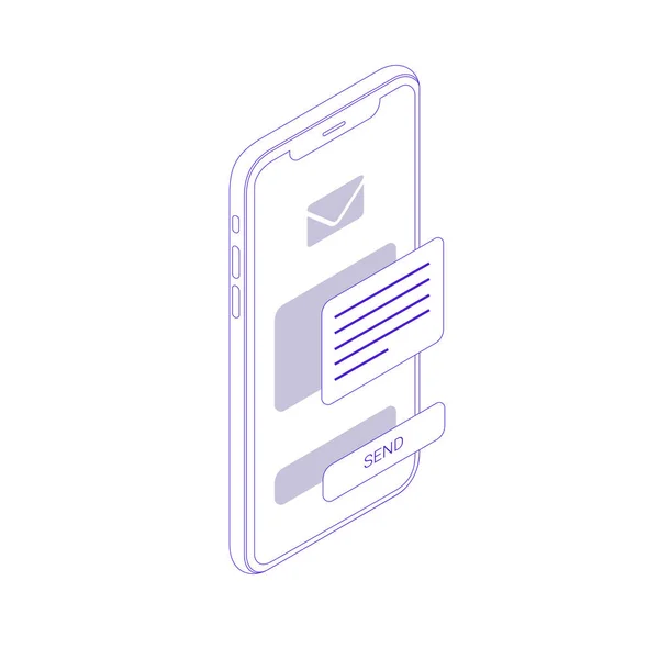 Platt Isometrisk Illustration Med Smartphone Processen Att Utveckla Platsen Gränssnittet — Stock vektor