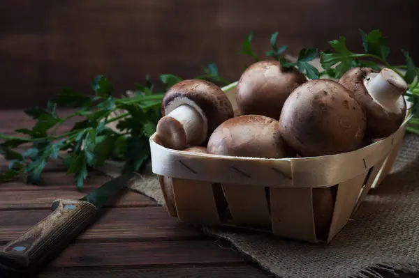 Champignon Pilze Auf Holz Hintergrund lizenzfreie Stockfotos