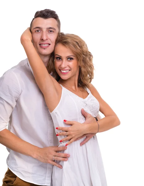 Fröhliches junges Paar auf weißem Hintergrund, isoliert — Stockfoto