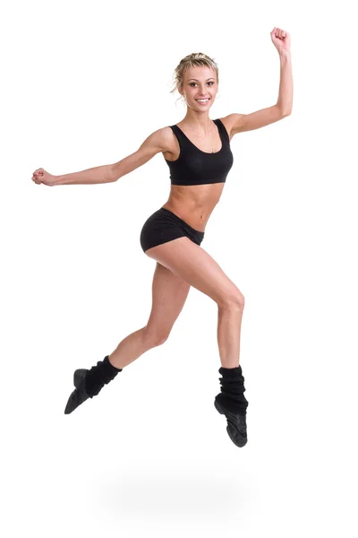 Skoki na białym tle w całe ciało dama fitness aerobik. — Zdjęcie stockowe