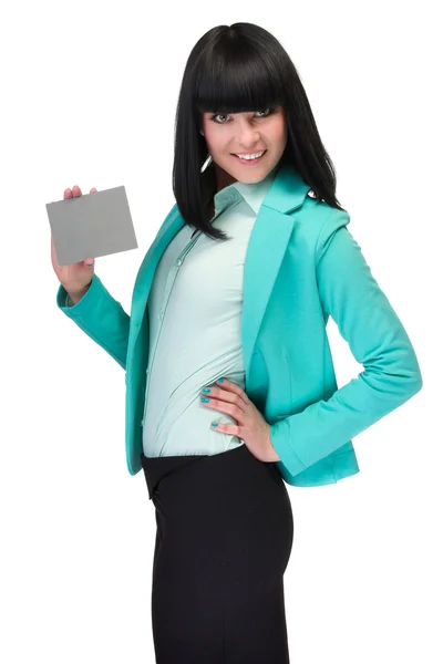 Feliz joven mujer de negocios sonriente mostrando letrero en blanco — Foto de Stock