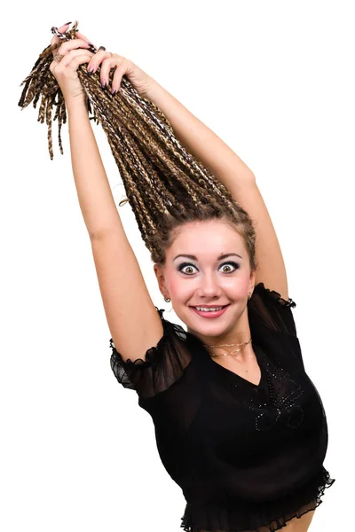 Portrait of young smiling woman with dreadlocks. — Stock Photo, Image